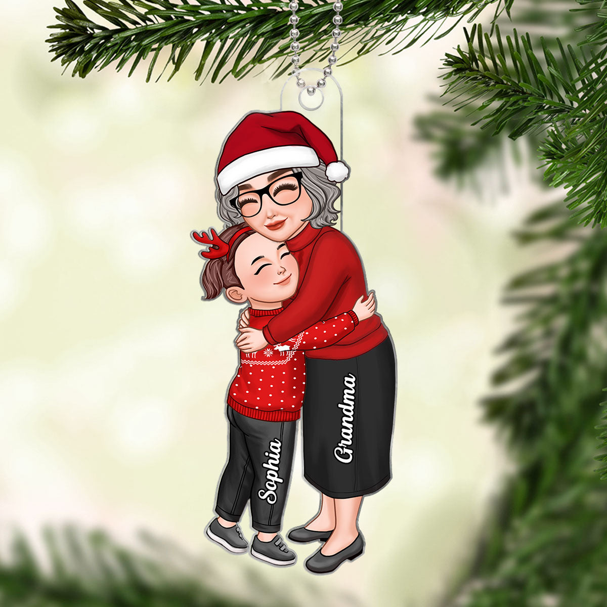 Grandma & Grandkid Hugging Christmas Personalized Acrylic Ornament - Gift For Grandma