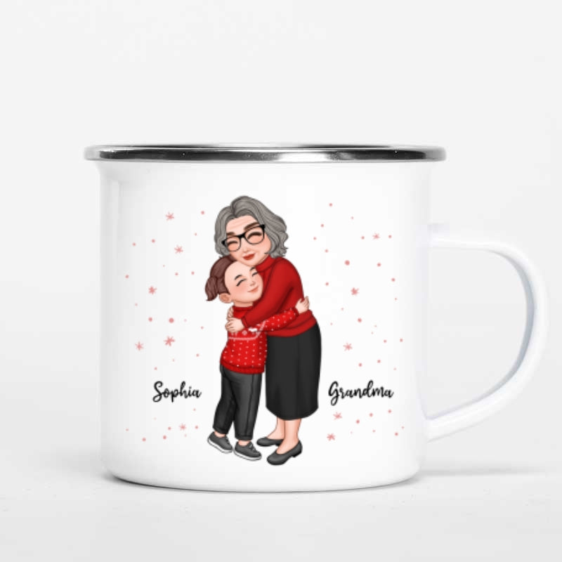 Grandma & Grandkid Hugging Christmas Gift For Granddaughter Grandson Personalized Campfire Enamel Mug