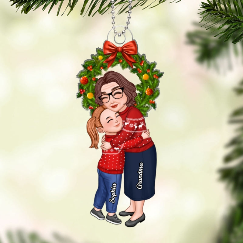 Grandma & Grandkid Hugging Under Christmas Wreath Gift For Granddaughter Grandson Personalized Acrylic Ornament