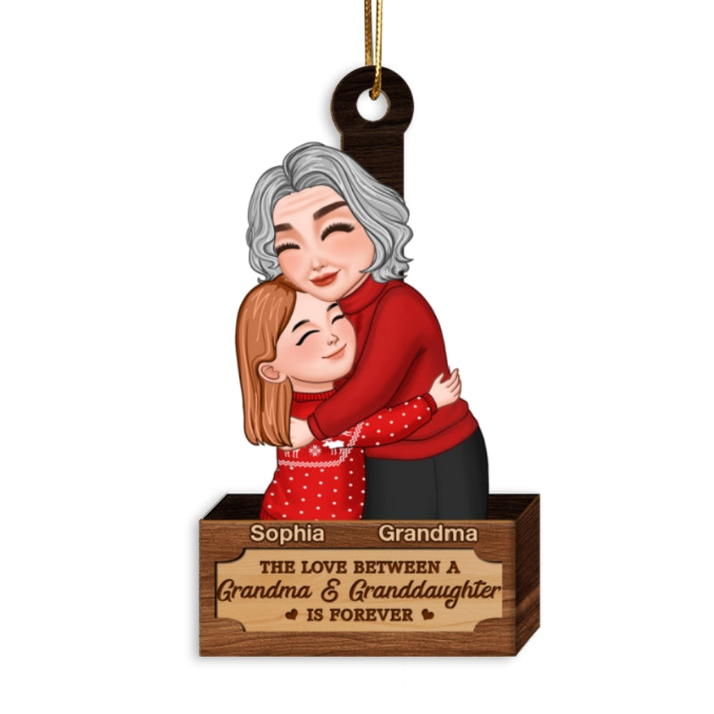 Grandma & Grandkid Hugging In Christmas Box Personalized Wooden Ornament