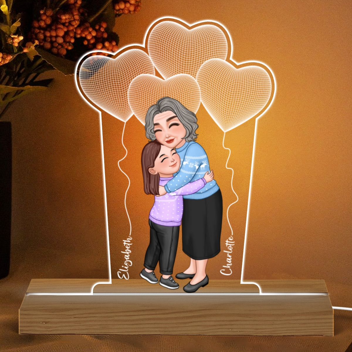 Grandma Grandkid Hugging Under 3D Balloons Personalized Custom Shaped Acrylic Plaque With LED Night Light