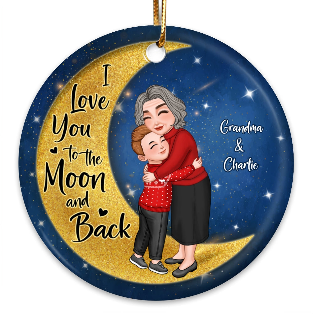 Grandma Grandkid Hugging On Watercolor Moon Personalized Circle Ornament