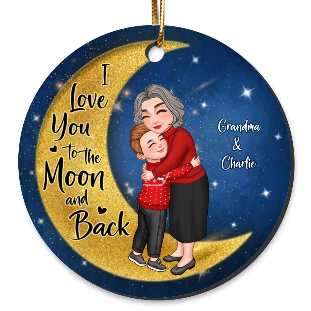 Grandma Grandkid Hugging On Watercolor Moon Personalized Circle Ornament