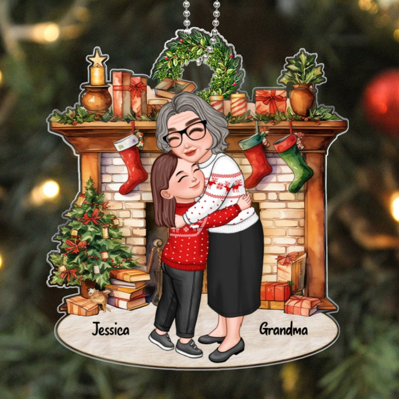 Grandma & Grandkid Hugging By Christmas Fireplace Personalized Acrylic Ornament