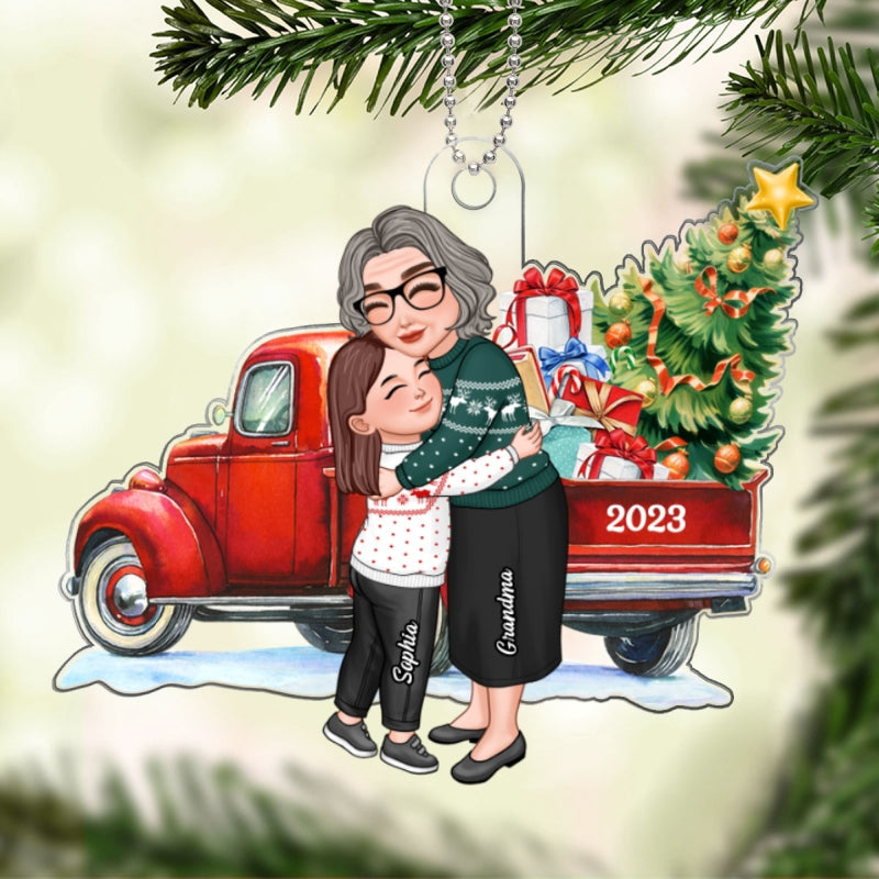 Grandma & Grandkid Hugging By Christmas Truck Personalized Acrylic Ornament
